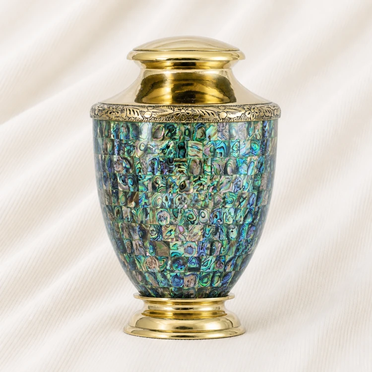 Emerald Opaline Mosaic Brass Urn Image 1