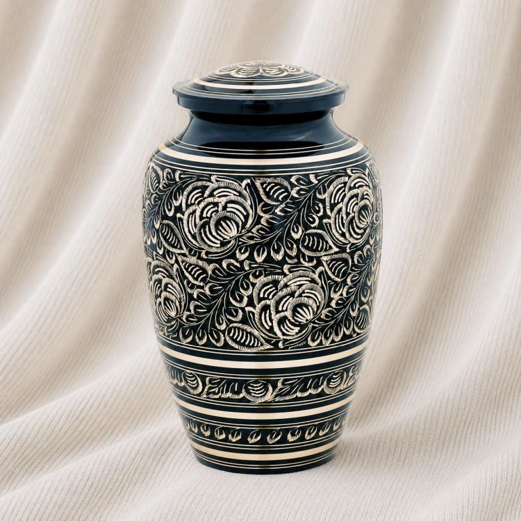 Royal Ebony Floral Engraved Brass Urn Image 1