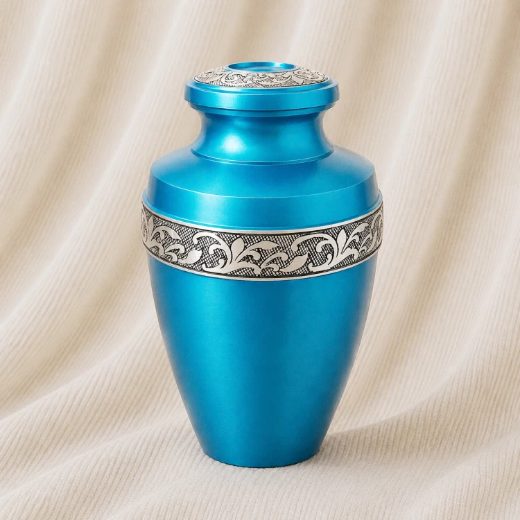 Aqua Celeste Engraved Aluminum Urn Image 1