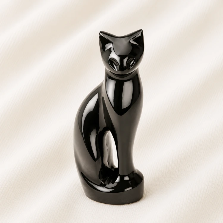 Glossy Black Cat Urn Statue Image 1