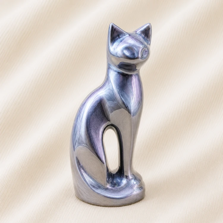 Iridescent Silver Cat Urn Statue Image 1