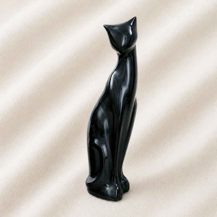 Glossy Black Cat Urn Statue Image 1