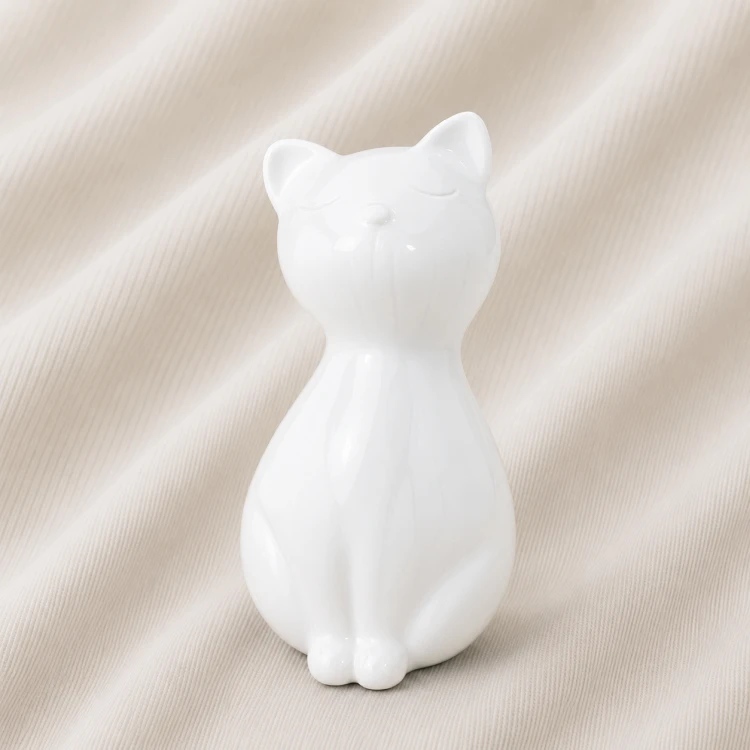 Glossy White Sleeping Cat Urn Statue Image 1