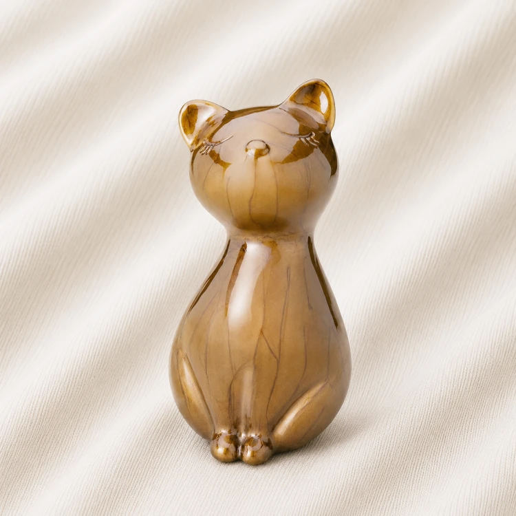 Glossy Amber Brown Cat Urn Statue Image 1