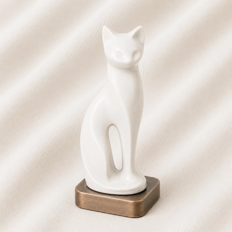 White Cat Urn Statue with Bronze Base Image 1