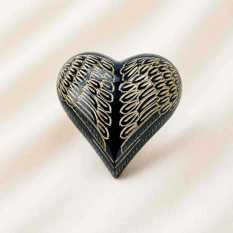 Black & Gold Angel Wings Heart Keepsake Urn – Luxury Memorial Urn Image 1