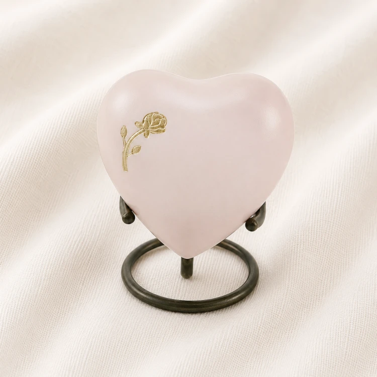 Blush Pink Rose Heart Keepsake Urn with Stand – Elegant Memorial Urn Image 1