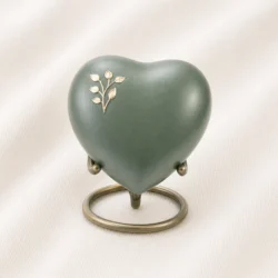 Sage Green Leaf Heart Keepsake Urn with Stand – Nature Inspired Memorial Urn image