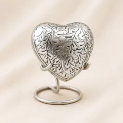 Antique Silver Engraved Heart Keepsake Urn with Stand – Heritage Leaf Design image