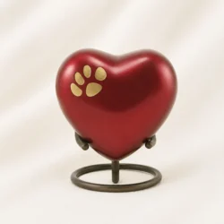 Red Heart Shaped Pet Urn with Gold Paw Inlay & Stand image