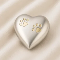 Silver Heart Shaped Pet Urn with Dual Gold Paw Inlay image