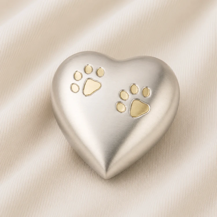 Silver Heart Shaped Pet Urn with Dual Gold Paw Inlay Image 1