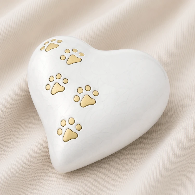 White Heart Shaped Pet Urn with Gold Paw Prints Image 1
