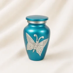 Premium Butterfly Design Keepsake Urn – Turquoise Blue Metal Finish image