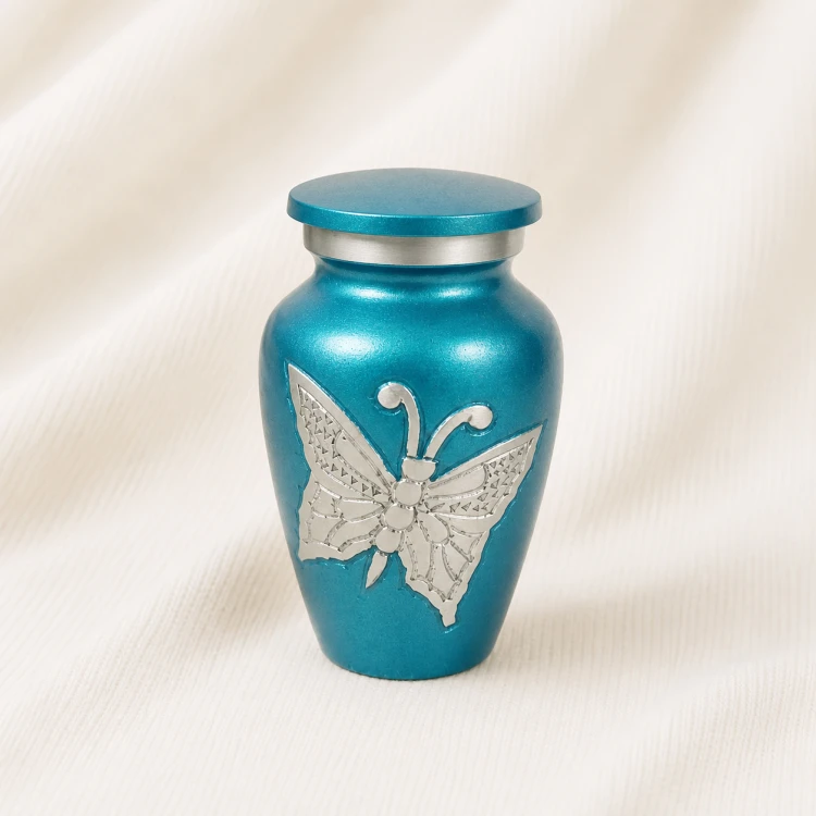 Premium Butterfly Design Keepsake Urn – Turquoise Blue Metal Finish Image 1