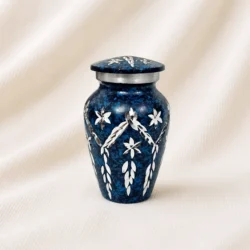 Elegant Floral Pattern Keepsake Urn – Deep Blue Handcrafted Metal Finish image