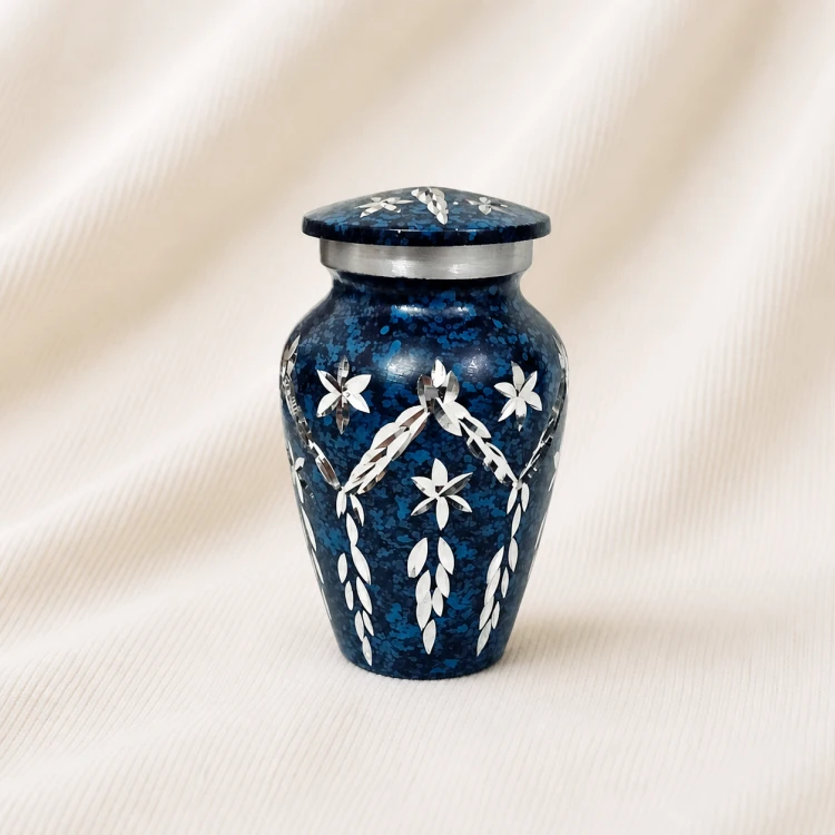 Elegant Floral Pattern Keepsake Urn – Deep Blue Handcrafted Metal Finish Image 1