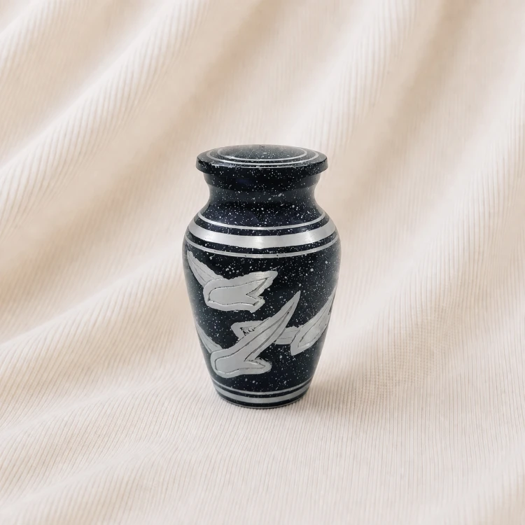 Flying Birds Engraved Keepsake Urn – Black Galaxy Finish Memorial Urn Image 1