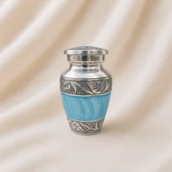 Silver Engraved Blue Panel Keepsake Urn – Premium Artistic Metal Memorial Urn image