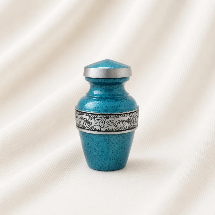 Turquoise Textured Pointed Lid Keepsake Urn – Premium Engraved Memorial Urn Image 1
