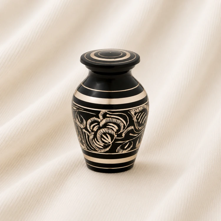 Black Floral Engraved Keepsake Urn – Classic Luxury Memorial Urn Image 1