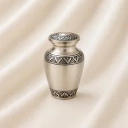 Classic Silver Engraved Keepsake Urn – Elegant Floral Border Memorial Urn image