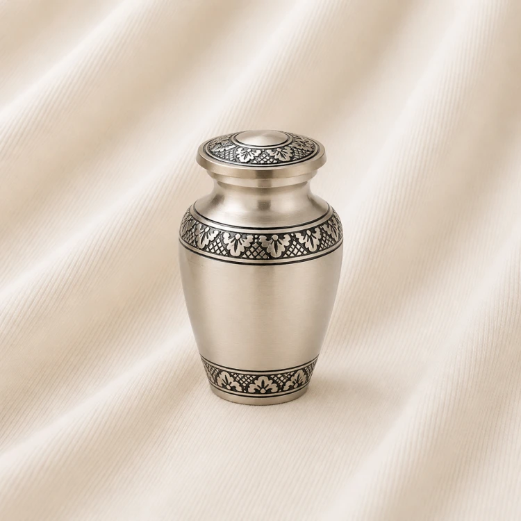 Classic Silver Engraved Keepsake Urn – Elegant Floral Border Memorial Urn Image 1