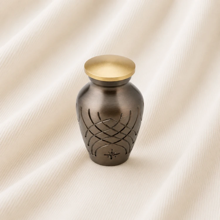 Antique Bronze Engraved Keepsake Urn – Gold Accent Memorial Urn Image 1