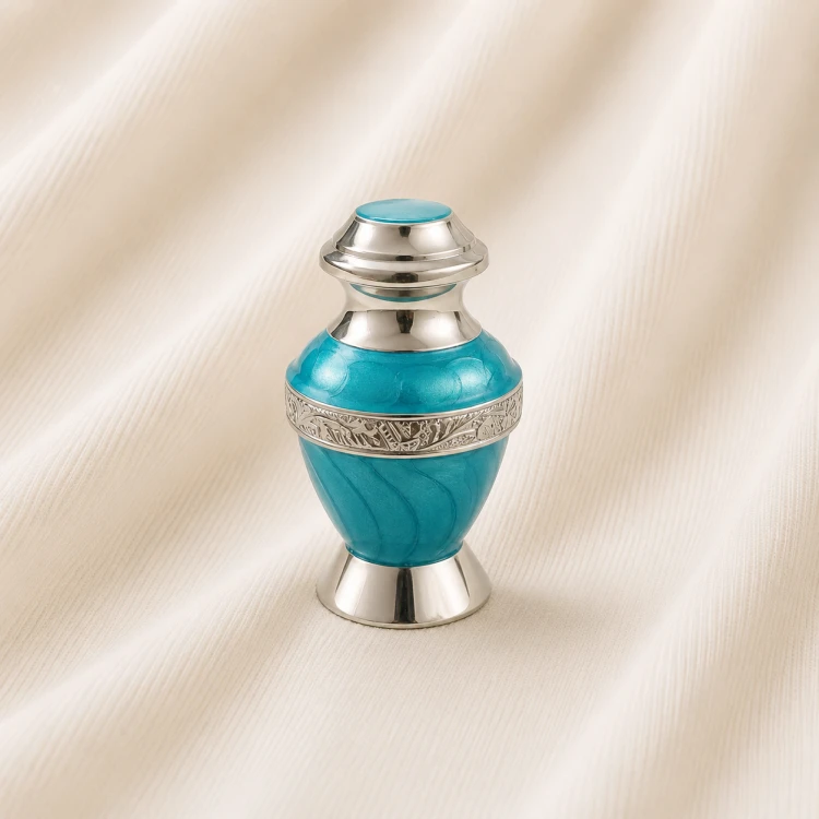 Turquoise Inlay Silver Keepsake Urn – Premium Engraved Memorial Urn Image 1