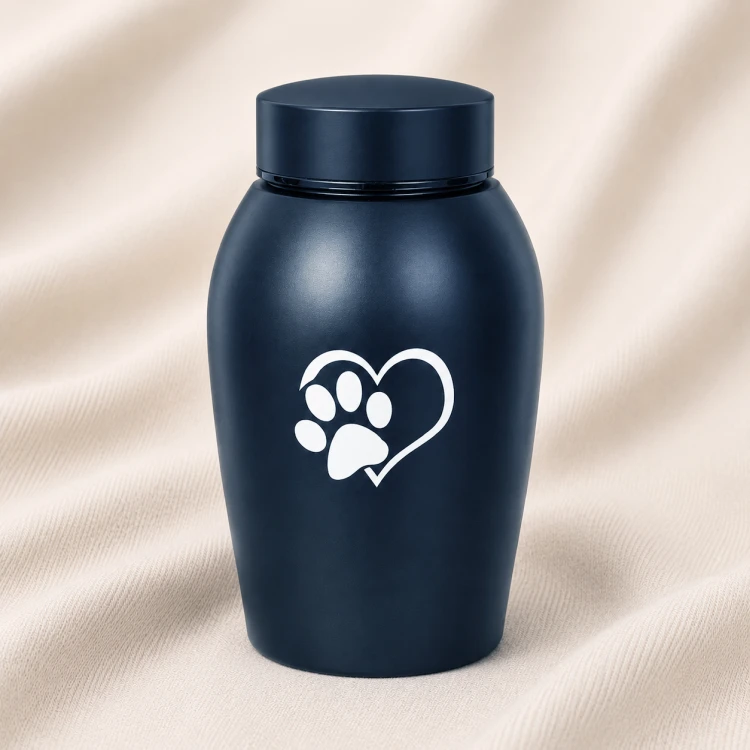 Matte Navy Blue Pet Urn with Heart & Paw Print Design Image 1