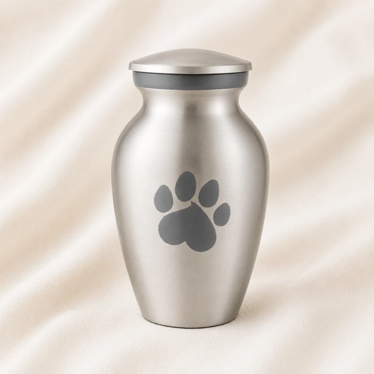 Brushed Silver Pet Urn with Paw Print Design Image 1