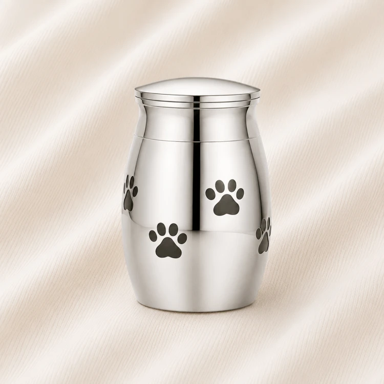 Polished Silver Pet Urn with Paw Prints Image 1