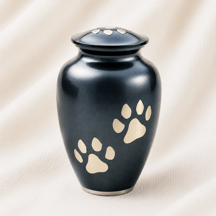 Matte Black Aluminum Pet Urn with Gold Paw Prints Image 1