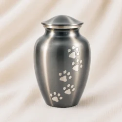 Brushed Silver Aluminum Pet Urn with Paw Print Engraving image