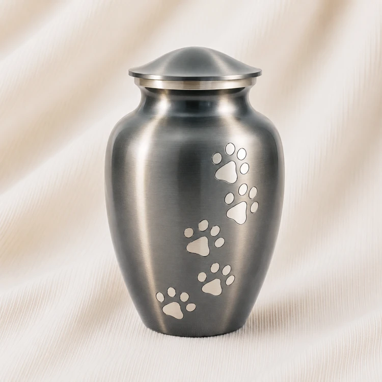 Brushed Silver Aluminum Pet Urn with Paw Print Engraving Image 1