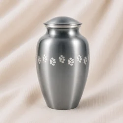 Brushed Silver Aluminum Pet Urn with Paw Print Band image