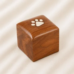 Compact Wooden Pet Urn Cube with Paw Inlay image